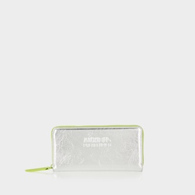 Anxious Preoccupied Mini wallet in silver metallic with neon yellow zip trim and embossed logo detail, gold-tone zip pull.