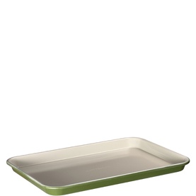 Prochef Olive Green rectangular baking tray with cream interior and raised edges, viewed from above at a slight angle