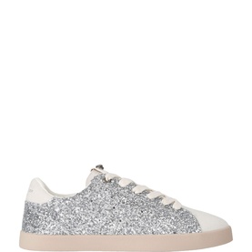 Kurt Geiger London women's sneaker in silver glitter with white leather trim, lace-up fastening, and pale beige rubber sole