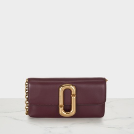 Marc Jacobs The Scene Wallet On Chain Bag in Dark Port smooth calf leather, gold-tone dual J hardware, chain crossbody strap