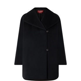 Max Mara Studio black virgin wool coat with wide lapels, three-button front fastening, and relaxed cocoon silhouette.