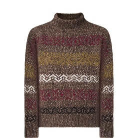 Max Mara Weekend chocolate Fair Isle knit jumper with roll neck, multicolour stripe pattern in burgundy, olive and cream
