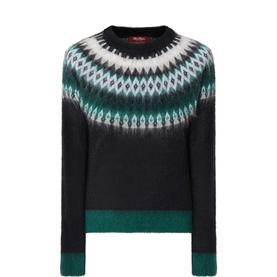 Max Mara Studio black mohair-blend crew-neck jumper with green, white and grey Fair Isle yoke pattern