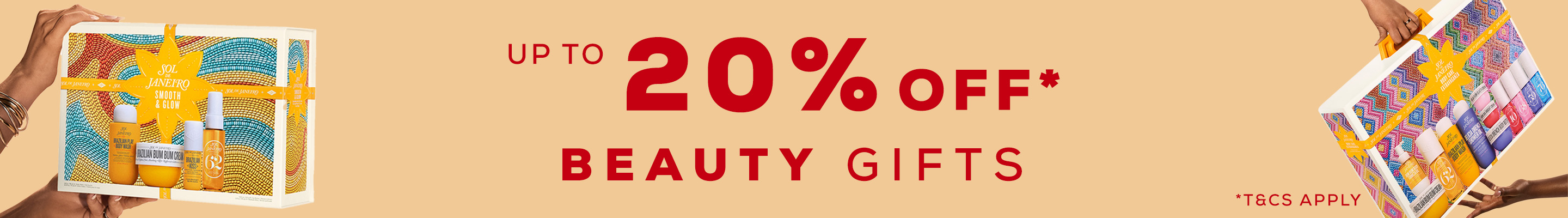 Hands holding gift boxes with text: 'Up to 20% off beauty gifts' on a neutral background.