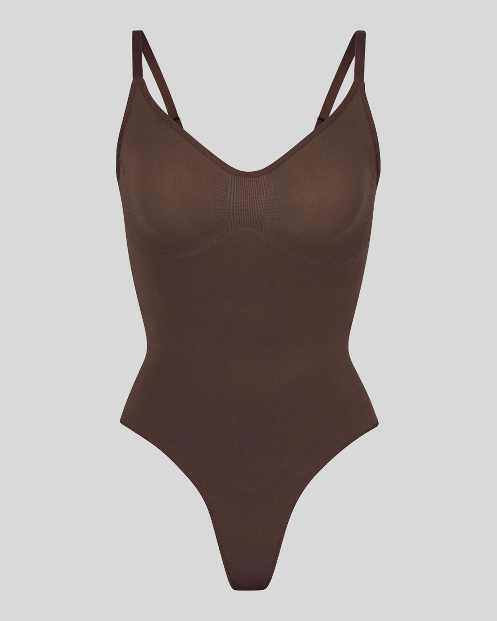 Brown sleeveless bodysuit with thin straps and a V-neck.