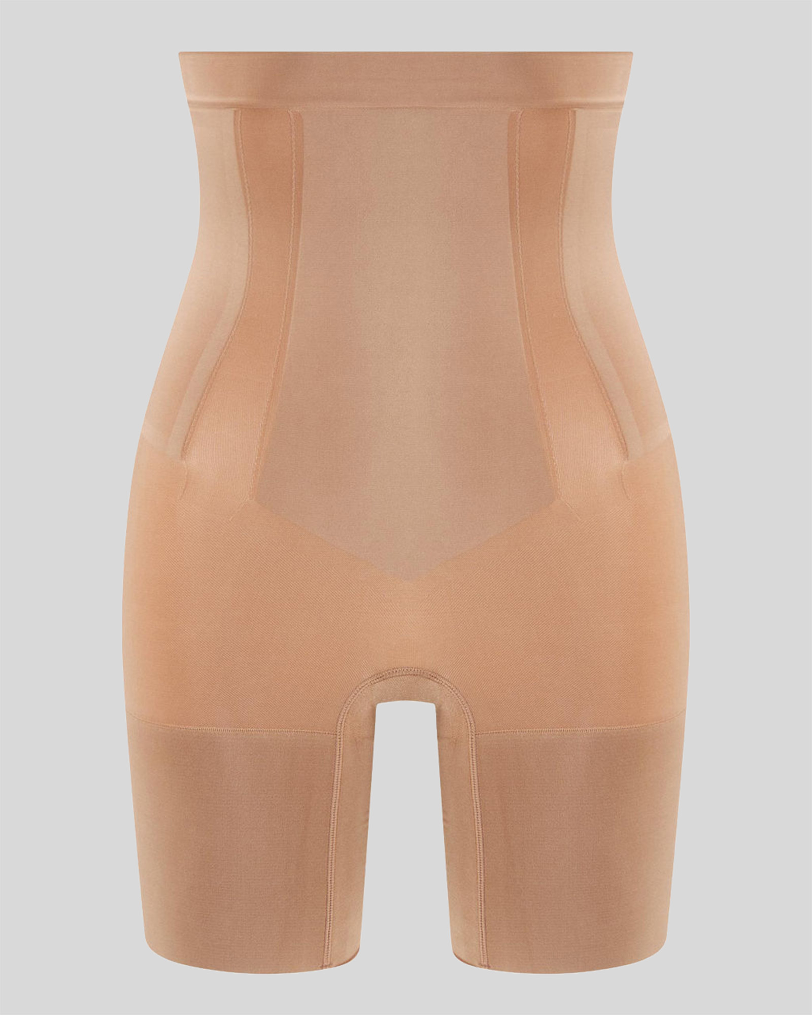 Beige high-waisted shapewear shorts with seamless design and thigh-length coverage.