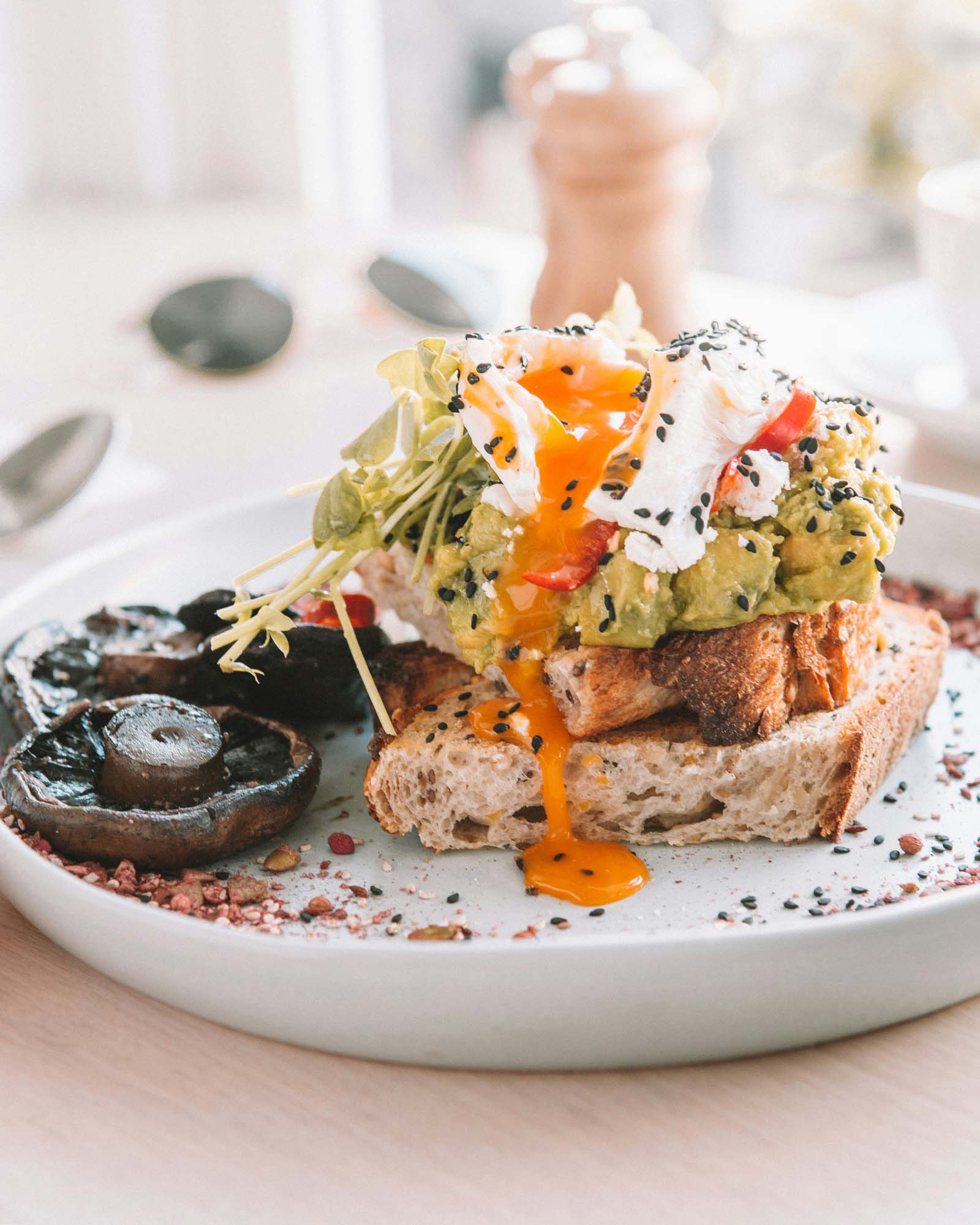 Gourmet brunch plate with avocado toast, poached egg, black sesame seeds, roasted mushroom, and microgreens on white plate