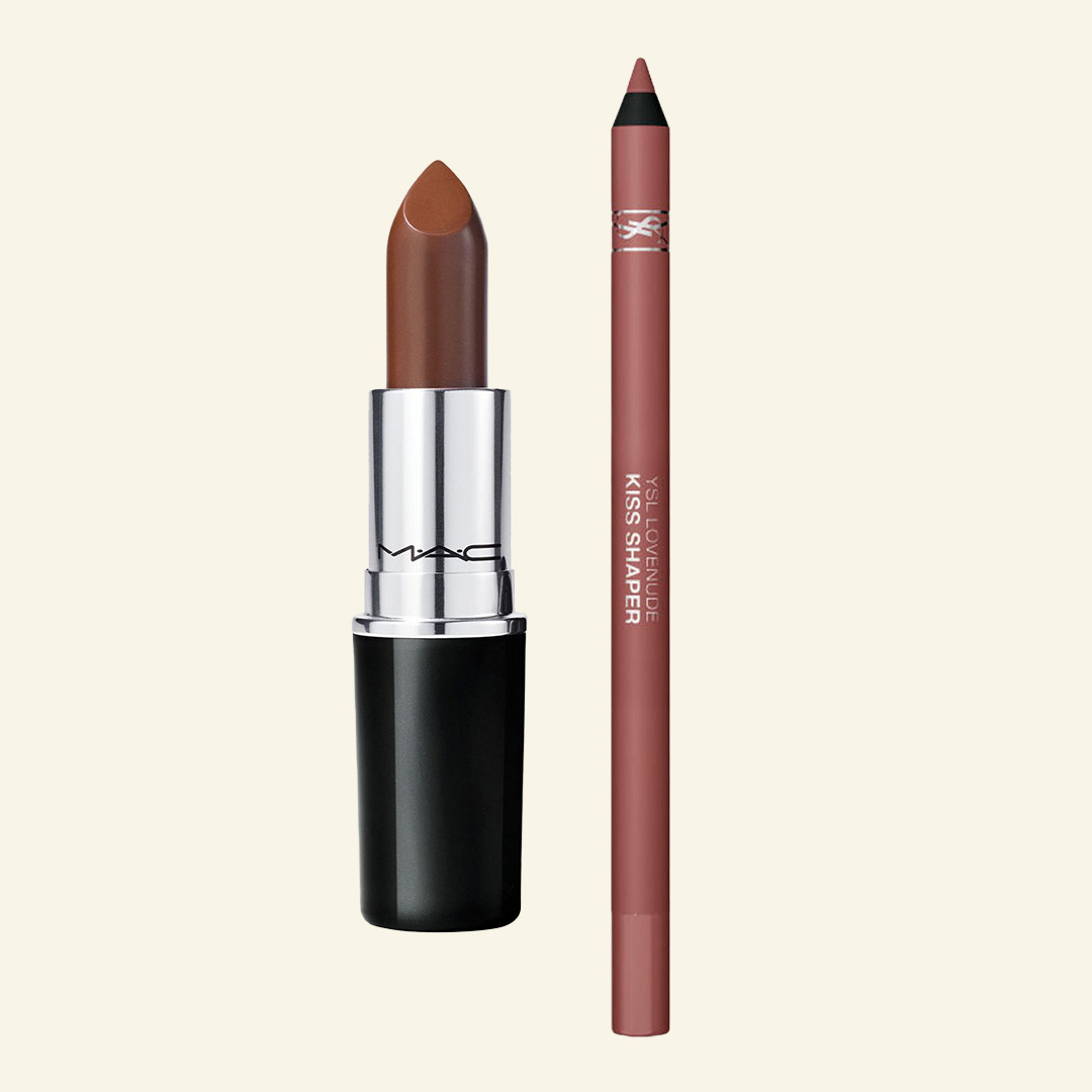 Brown lipstick with silver and black tube and mauve lip liner pencil displayed side by side