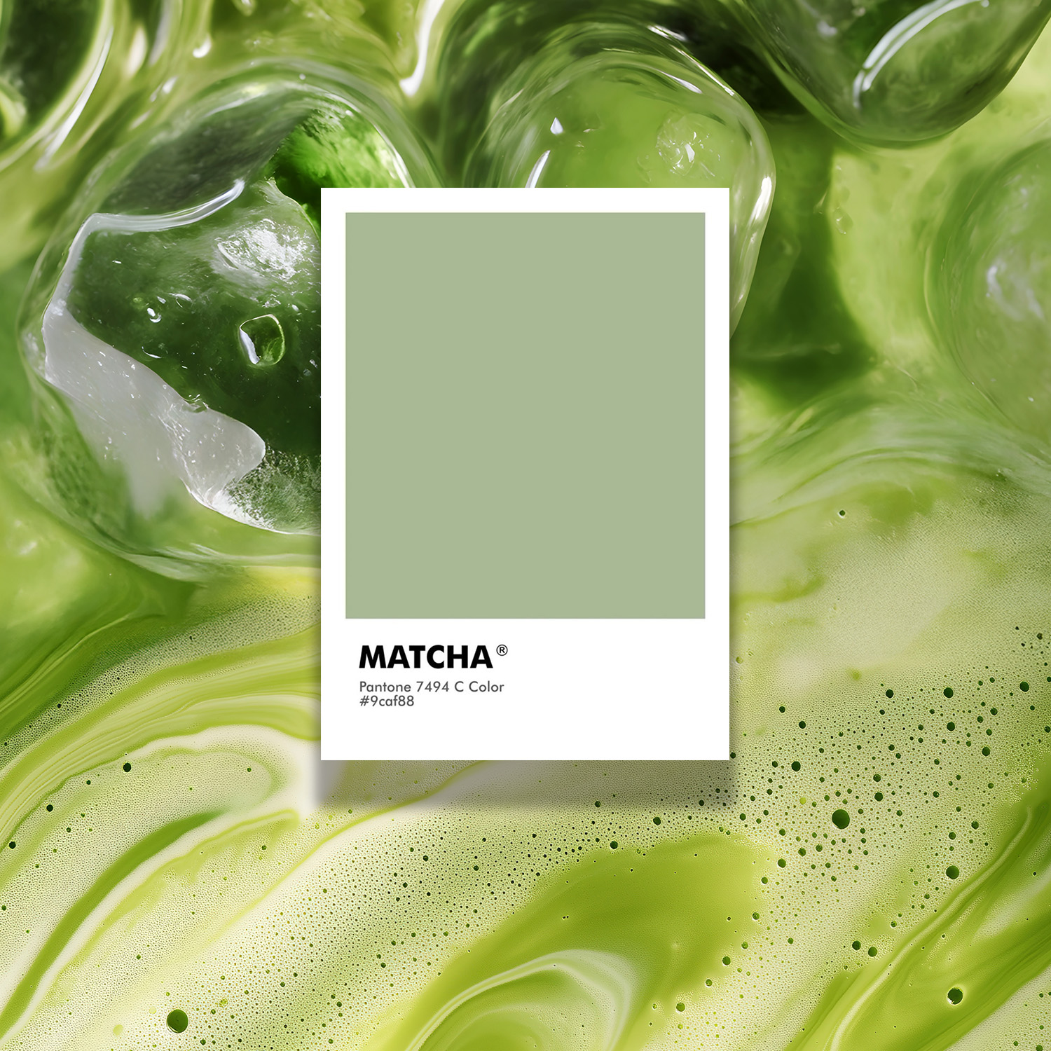 A Pantone color card labeled 'Matcha' against a textured, abstract green background.
