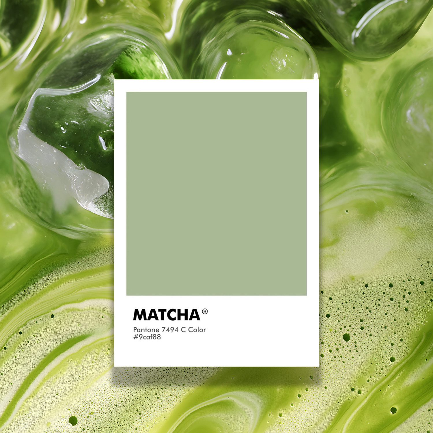A matcha green Pantone color swatch (7494 C) on a textured green background with bubbles.
