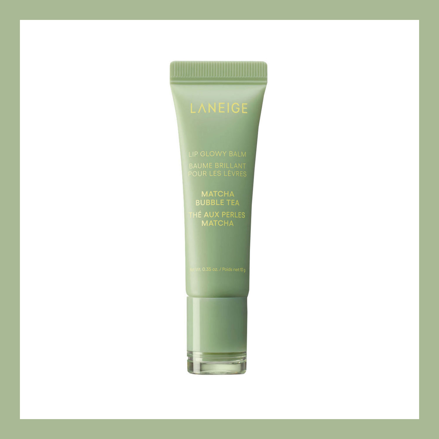 A green tube of Laneige Lip Glowy Balm in the Matcha Bubble Tea variant.