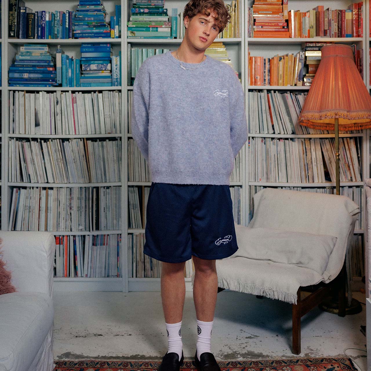 Menswear model wearing Robyn Lynch jumper and shorts, standing in sitting room with a large bookshelf with colour coded books