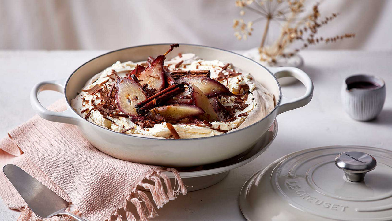 Chocolate and Poached Pear Pavlova