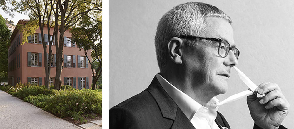 A wooded path leads to a building; a man in glasses holds a scent strip to his nose. 