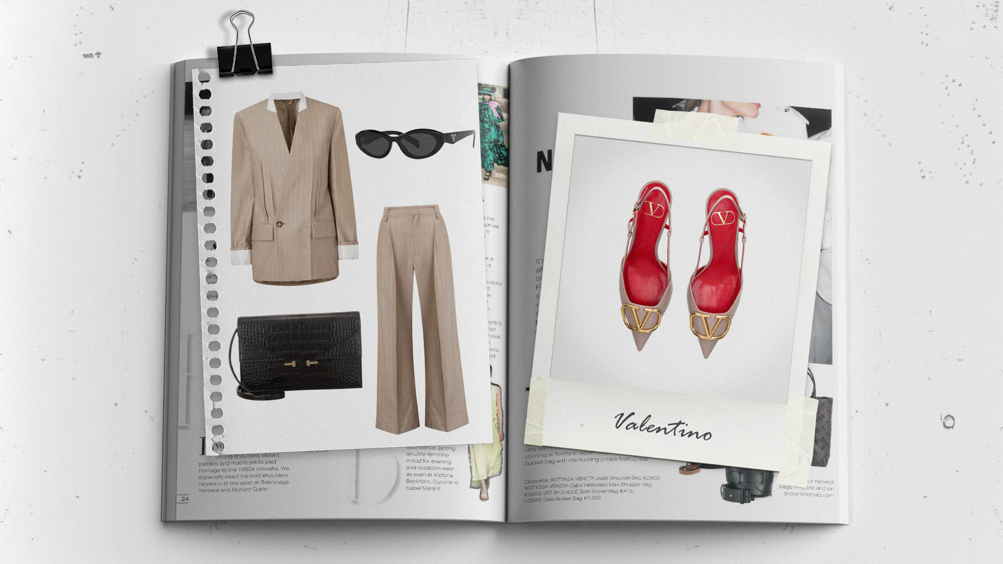 Magazine spread with a tan suit, sunglasses, clutch, and red Valentino heels.
