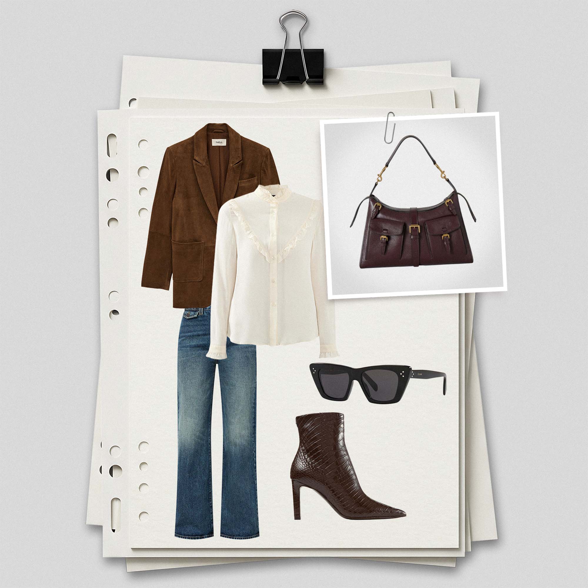 Fashion collage with a brown blazer, white blouse, blue jeans, sunglasses, dark brown handbag, and brown ankle boots.