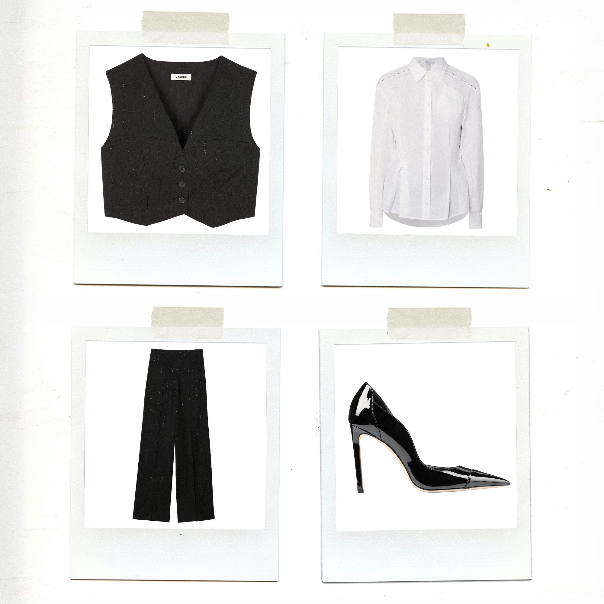 A collage of clothing items: black vest, white blouse, black pants, and black high-heeled shoe.