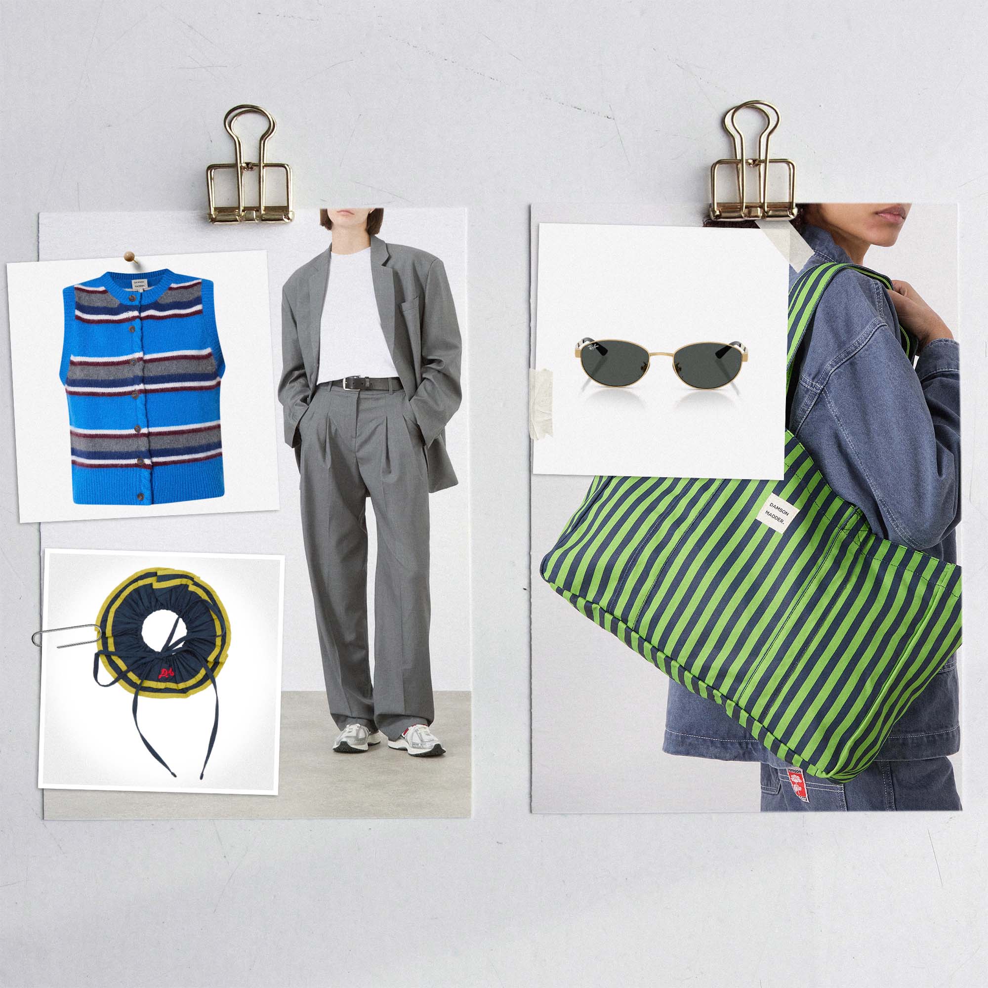Fashion collage with a blue striped vest, grey suit, coiled cable, sunglasses, and a striped tote bag clipped on a board.