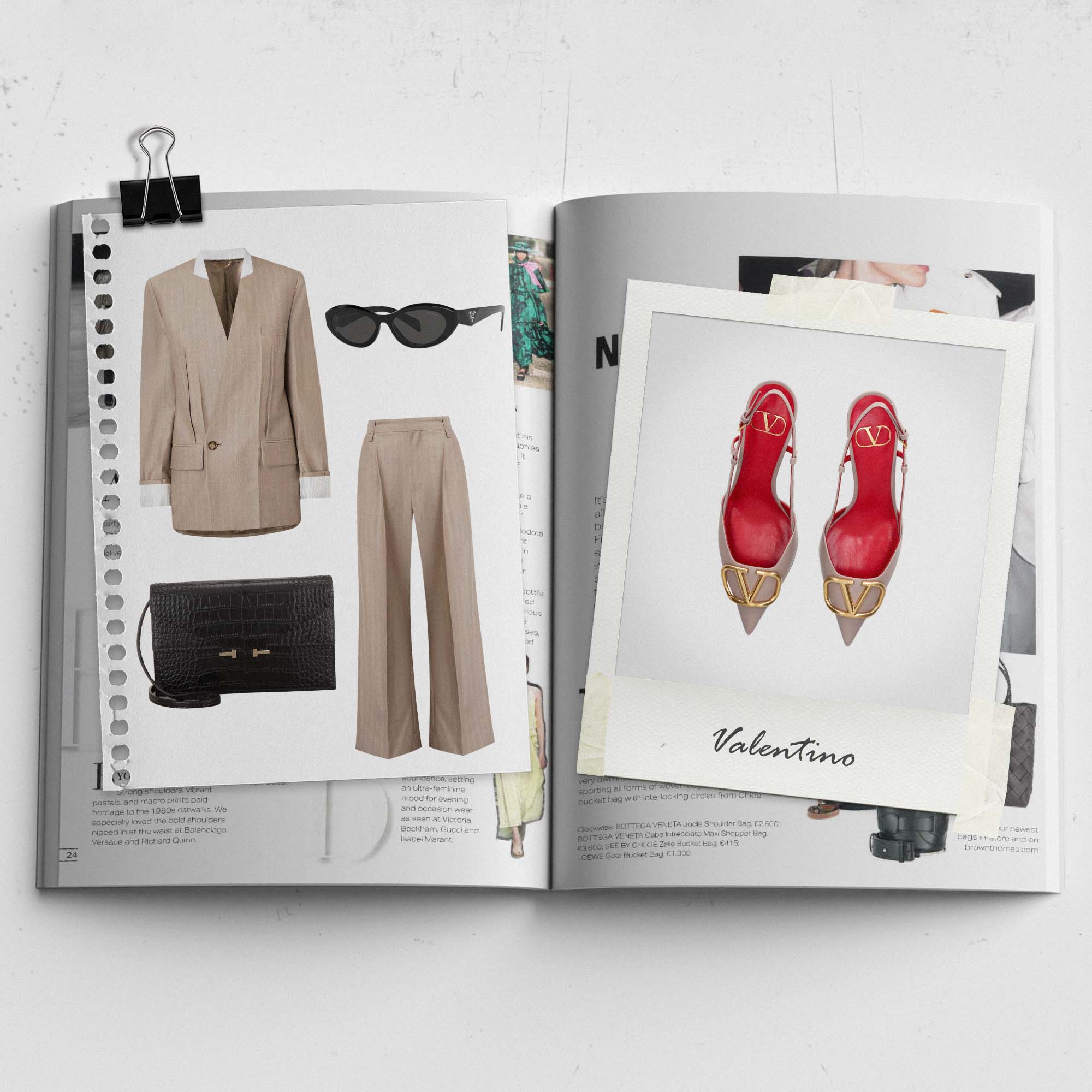 Open magazine displaying fashion items: a beige suit, black sunglasses, a handbag, and red Valentino heels on a polaroid photo.