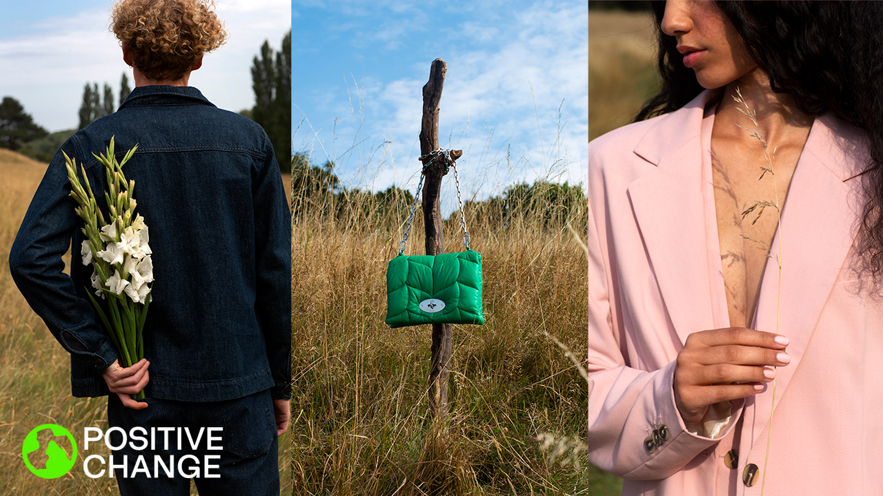 Three-part image: person with flowers, green bag on a stick in a field, person in a pink coat. 'Positive Change' logo at bottom left.
