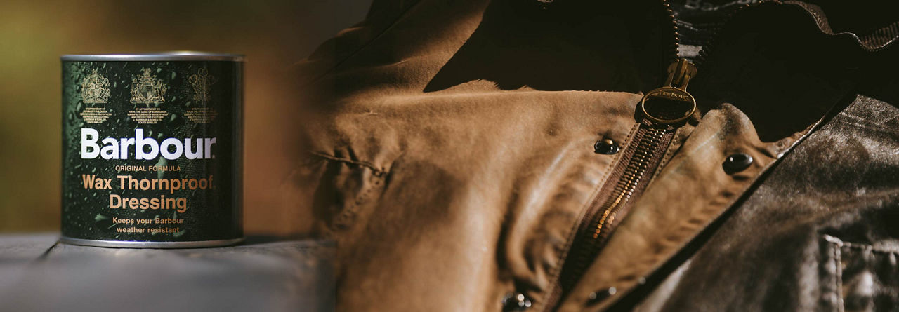Collage of Barbour jacket, a pot of Barbour jacket wax, Barbour jacket hanging up