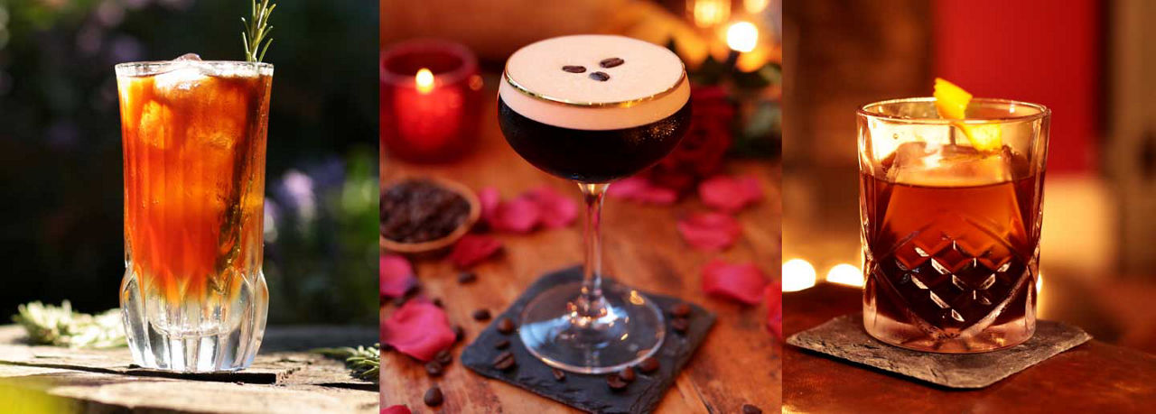 rosemary mocktail, an espresso martini and an amaretto old-fashioned