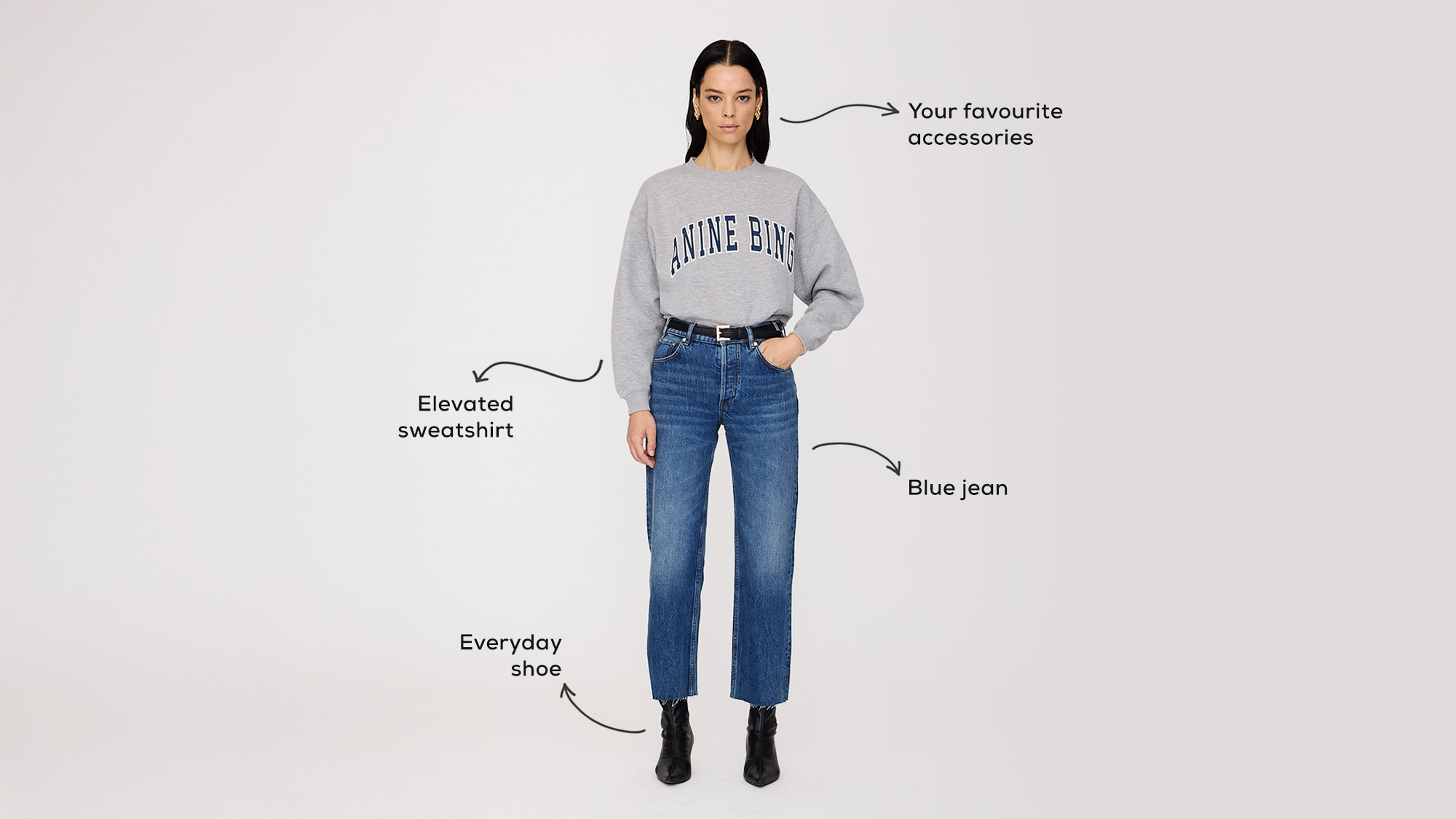 Model wearing Anine Bing jumper and blue jeans with boots