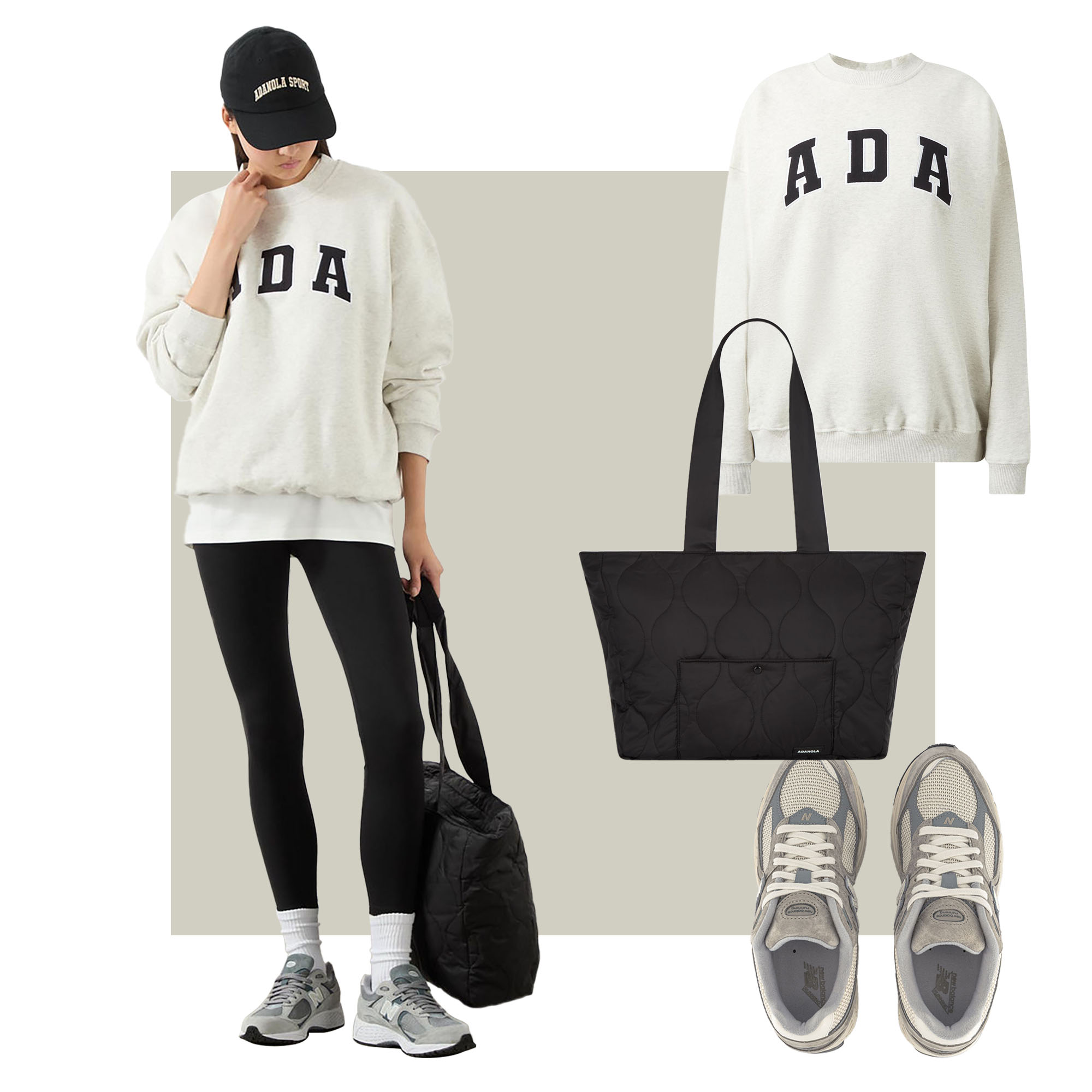 Model wearing Adanola oversized jumper, leggings with a cap and carrying a tote bag