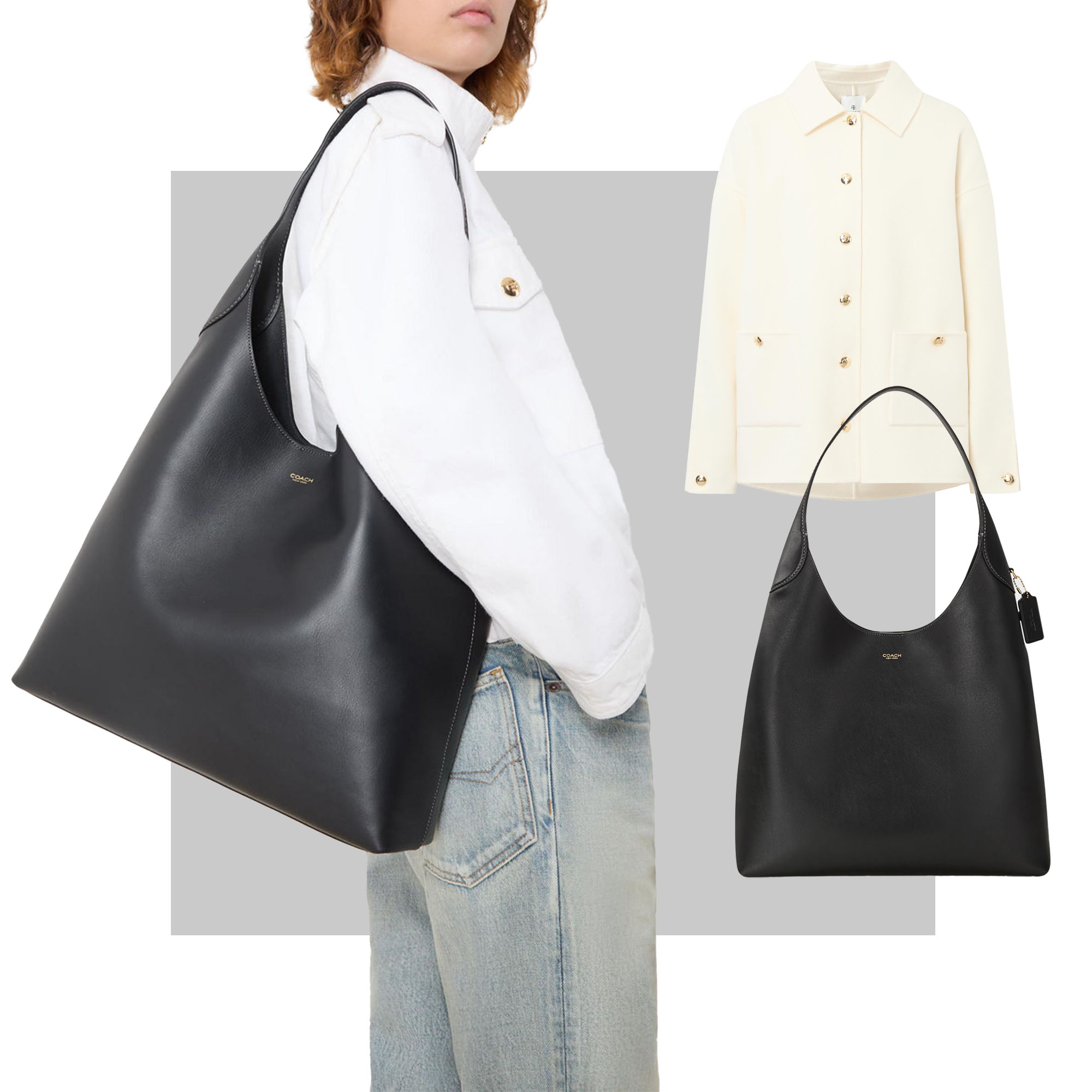Model carrying large Coach Brooklyn hobo back in black leather
