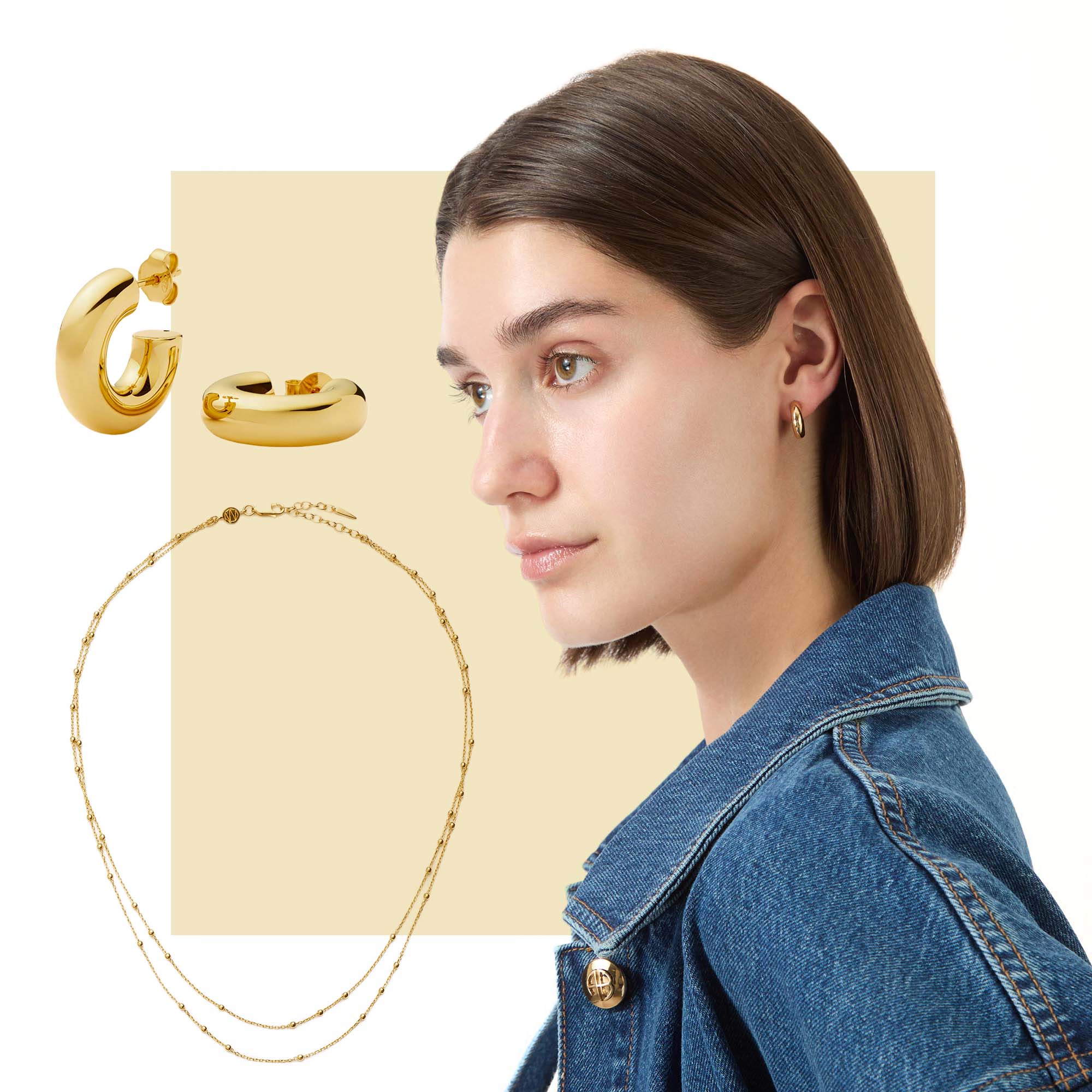Model wearing denim jacket and Missoma medium tunnel hoop earrings