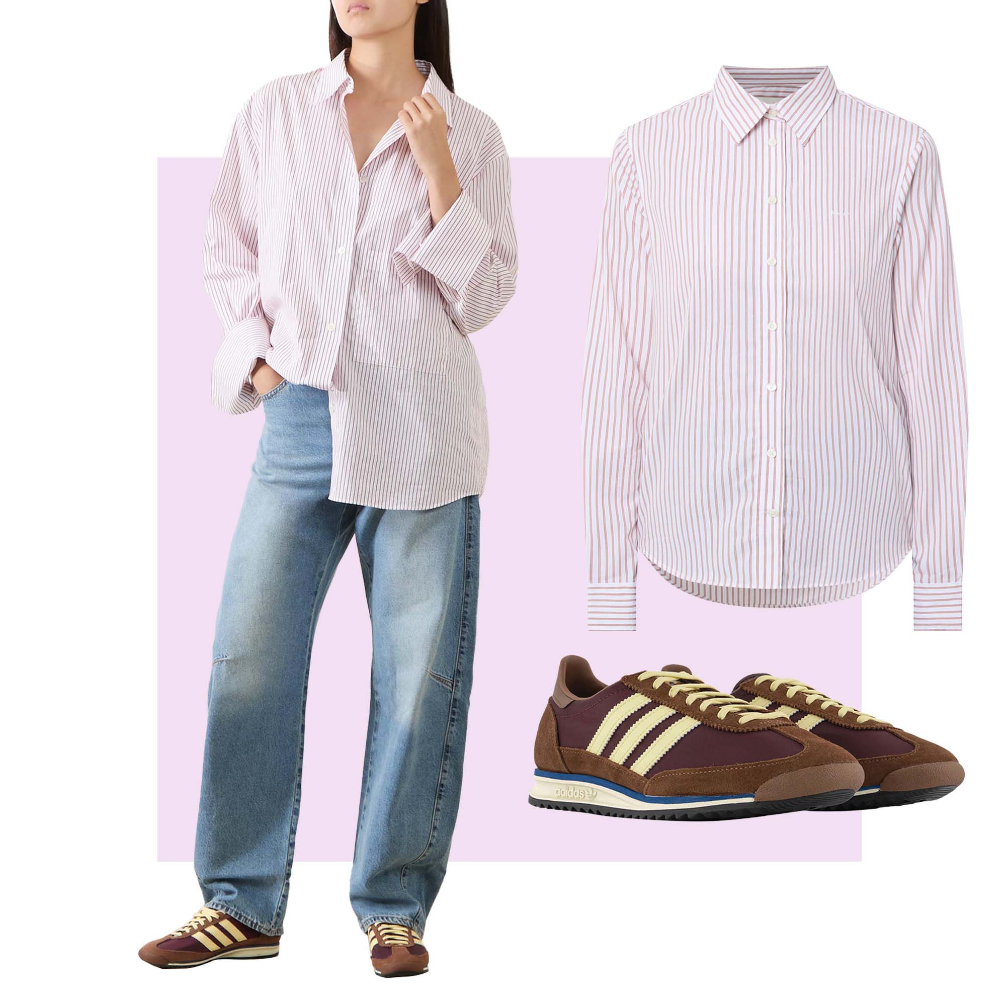 Model wearing oversized pink pinstripe shirt, blue jeans and Adidas trainers