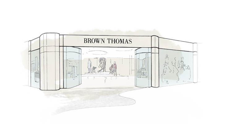 Illustration of a store entrance labeled 'Brown Thomas,' with mannequins visible through the windows.
