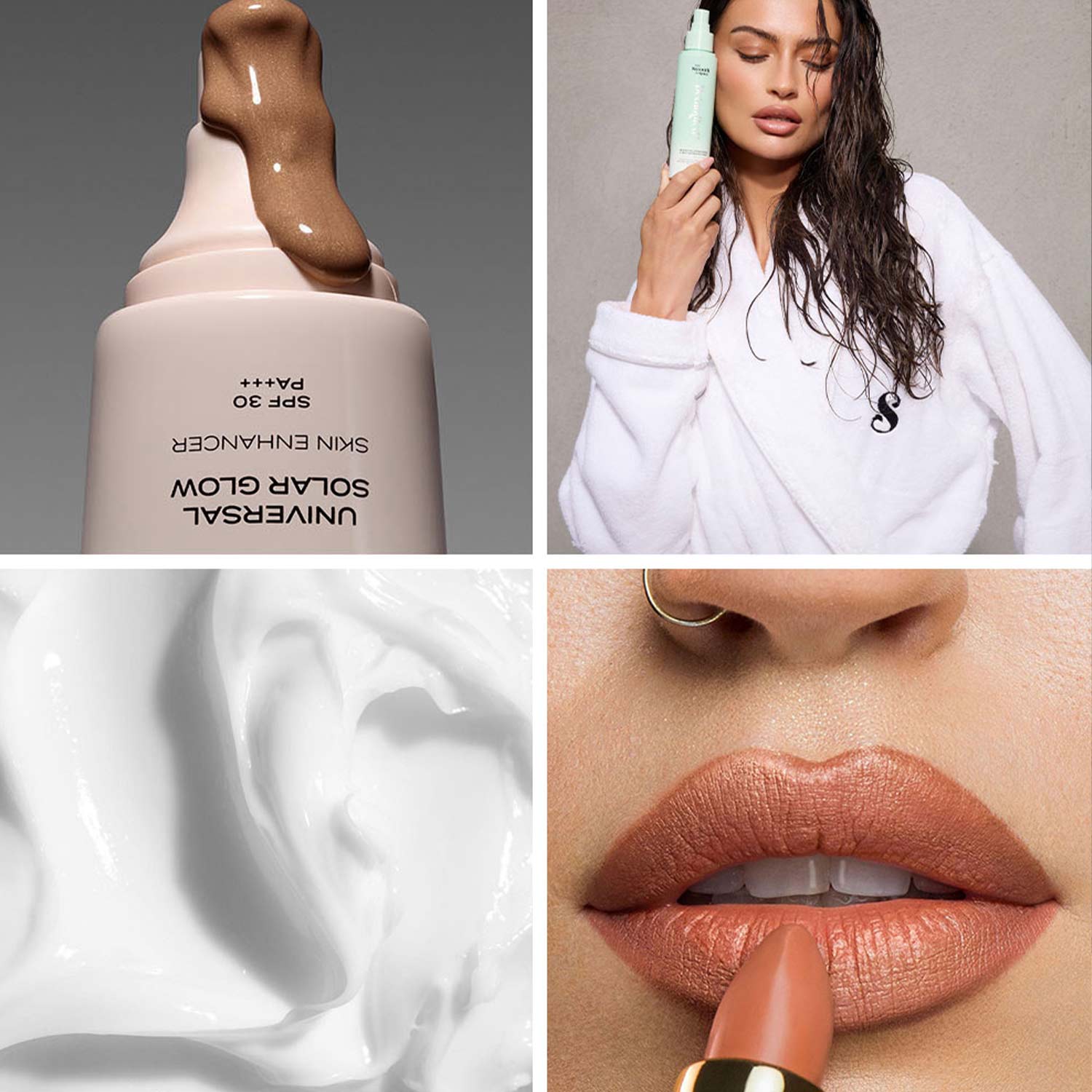 Collage of skincare and beauty: liquid foundation, woman holding a product, skincare cream, and lips with coral lipstick.
