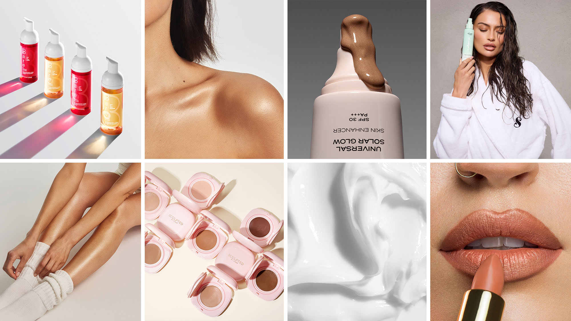 Collage of skincare products and close-ups of skin, featuring a tube labeled 'Poco Beauty' and swatches of lotion in various shades.