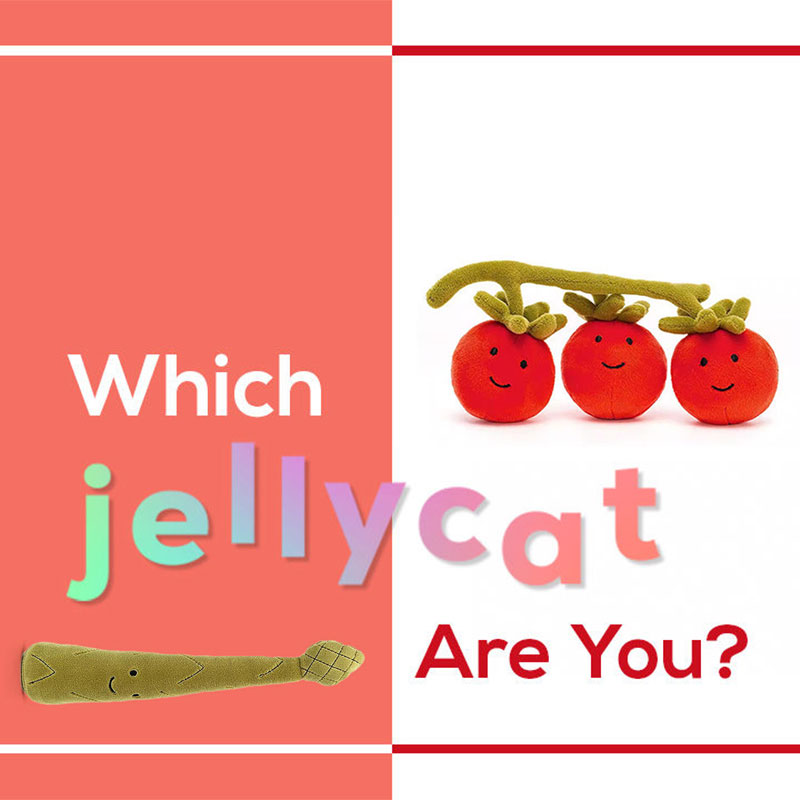 Three plush tomatoes with smiling faces next to the text 'Which Jellycat Are You?' and a plush green bean at the bottom.