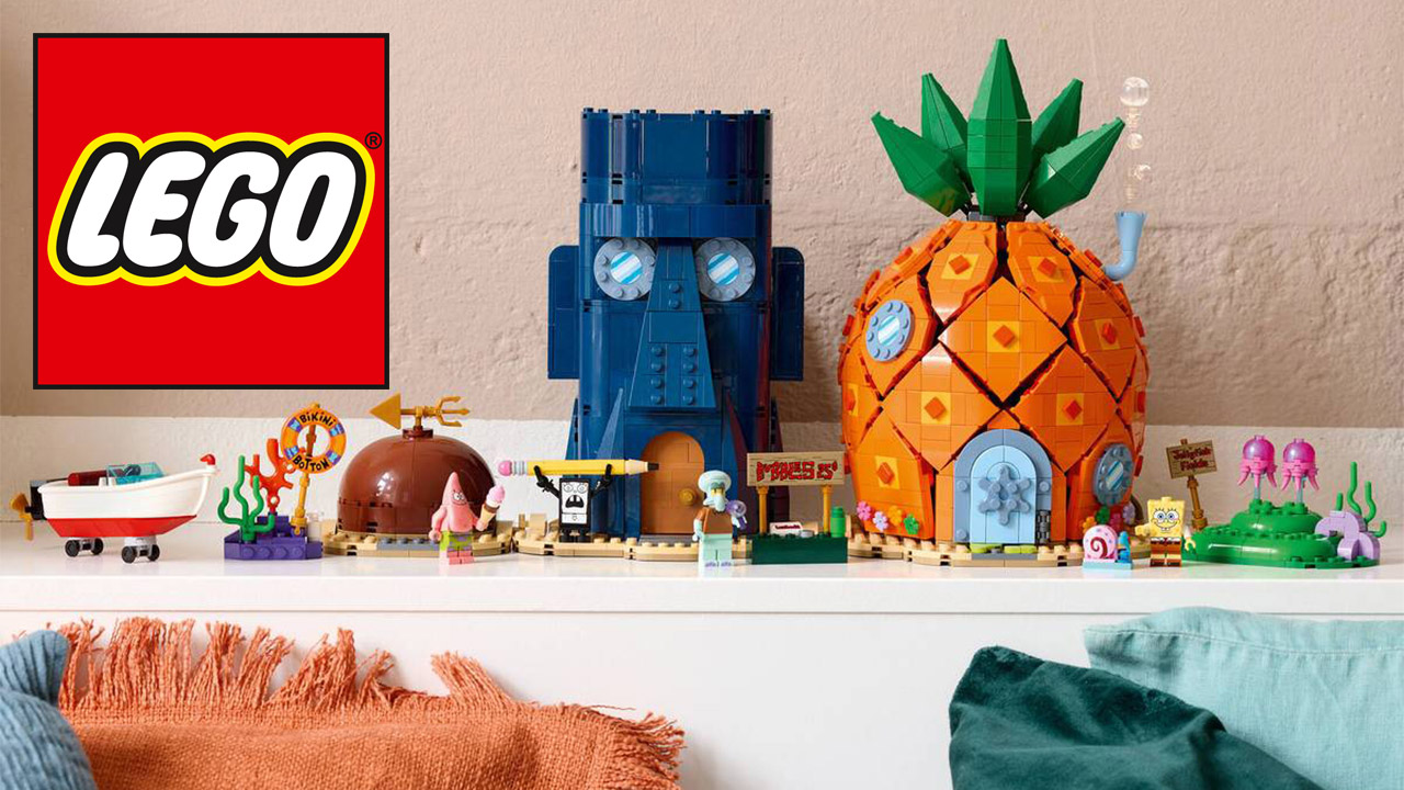 Lego set featuring a large pineapple house, blue tower, and various aquatic-themed mini figures on a shelf.