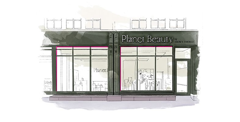 A storefront with large windows displaying 'Planet Beauty' signage on a dark background, highlighted against a black vignette.