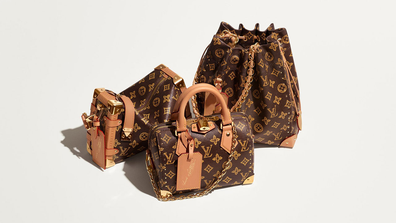 Louis Vuitton bags with signature monogram pattern, including a small suitcase, a handbag, and a drawstring bag.