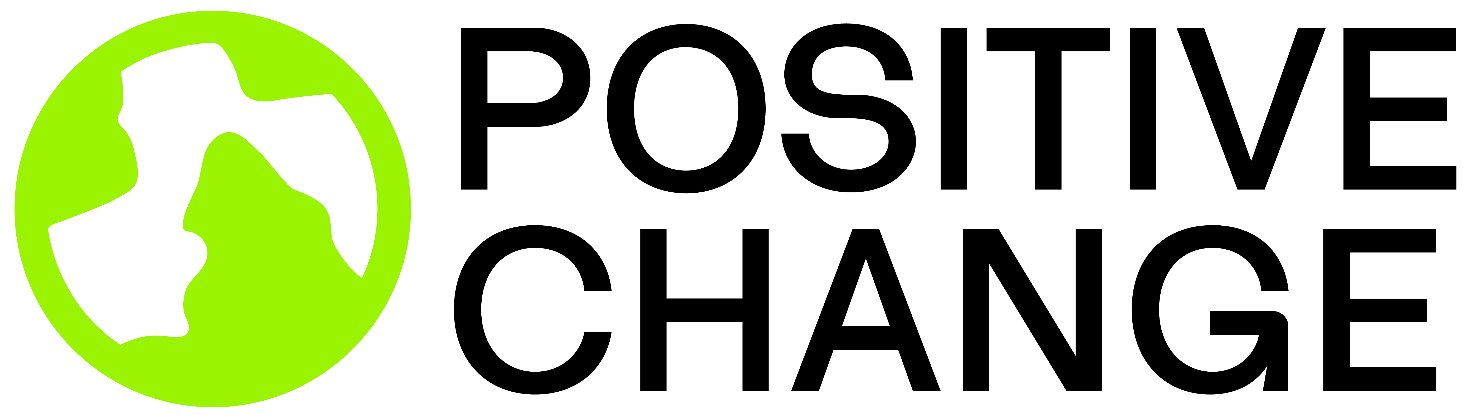 The image features 'POSITIVE CHANGE' in black text on a white background, with a green circle containing abstract black shapes on the left.