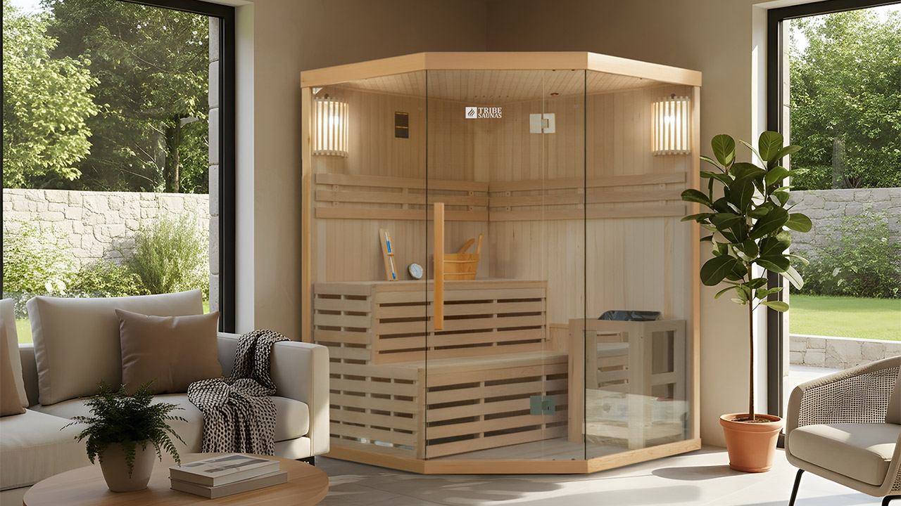 A modern, wooden sauna with glass doors is placed in a bright room. It features a bench, backrests, and a heater inside. The room is elegantly furnished with a light sofa adorned with cushions and a patterned throw. A potted plant and a table with a vase and a small plant add to the decor. Large windows on either side let in natural light, revealing a view of a garden with a stone wall and trees.
