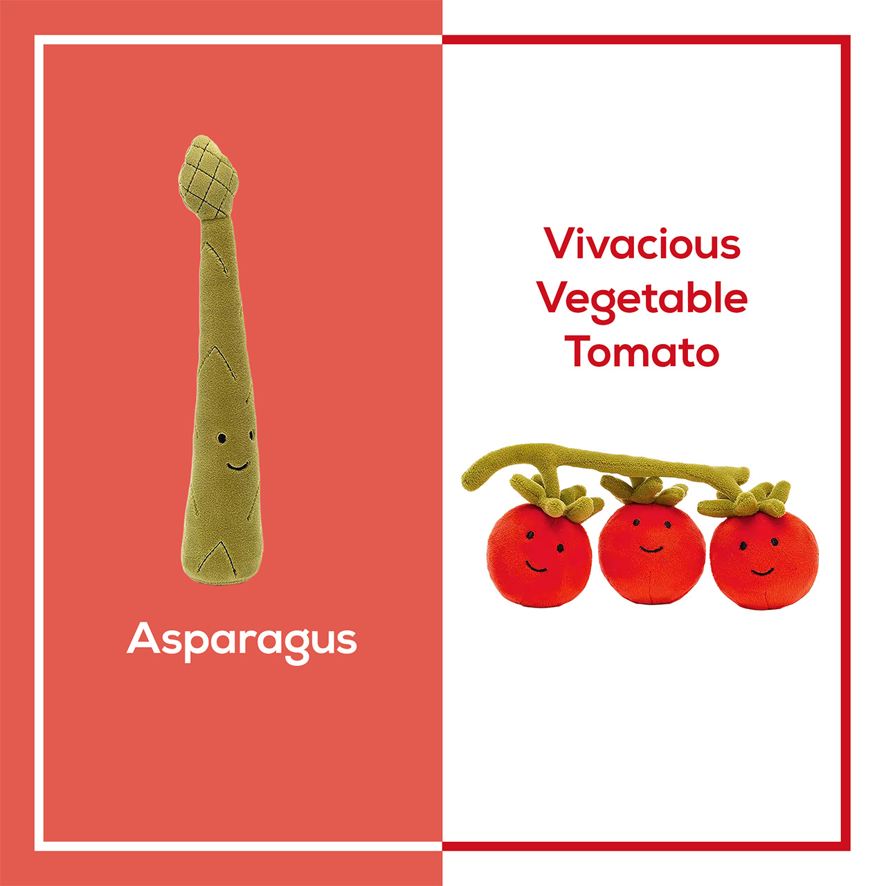 Cute plush asparagus and three smiling tomato toys on a split background with text labels.