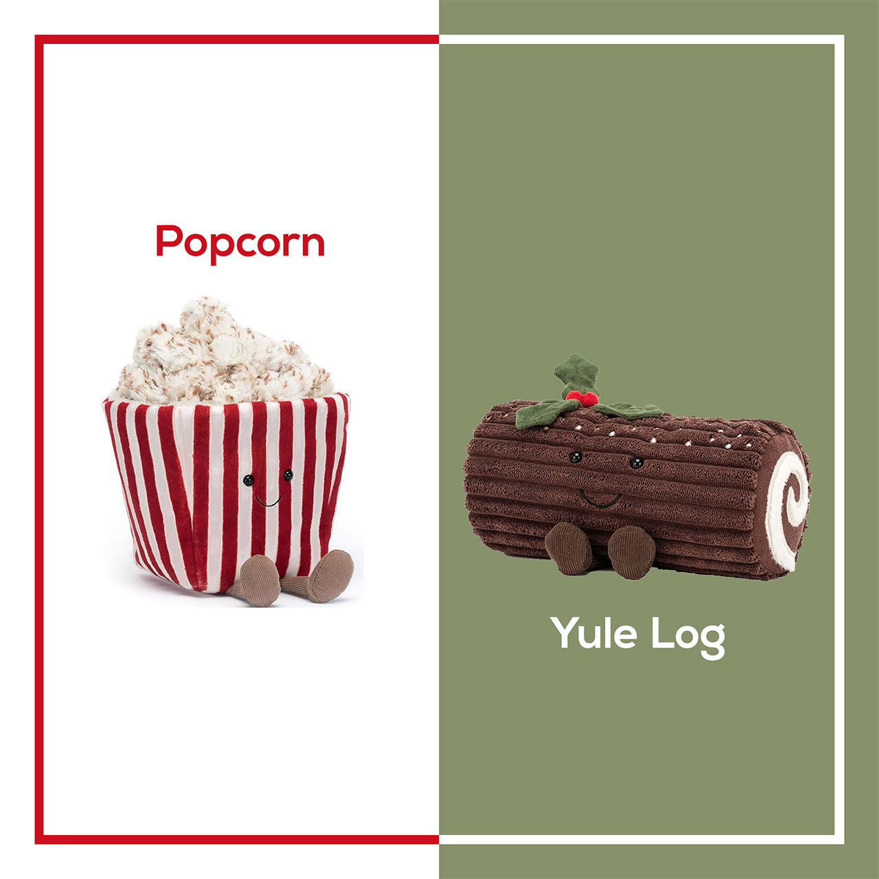 Plush toys of a popcorn bucket and a yule log, each with cute faces and feet, against a split background.