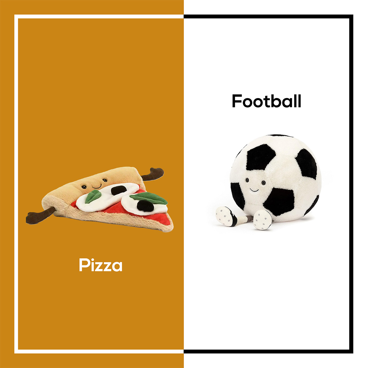 A plush pizza slice on the left and a plush football with a smiling face on the right.