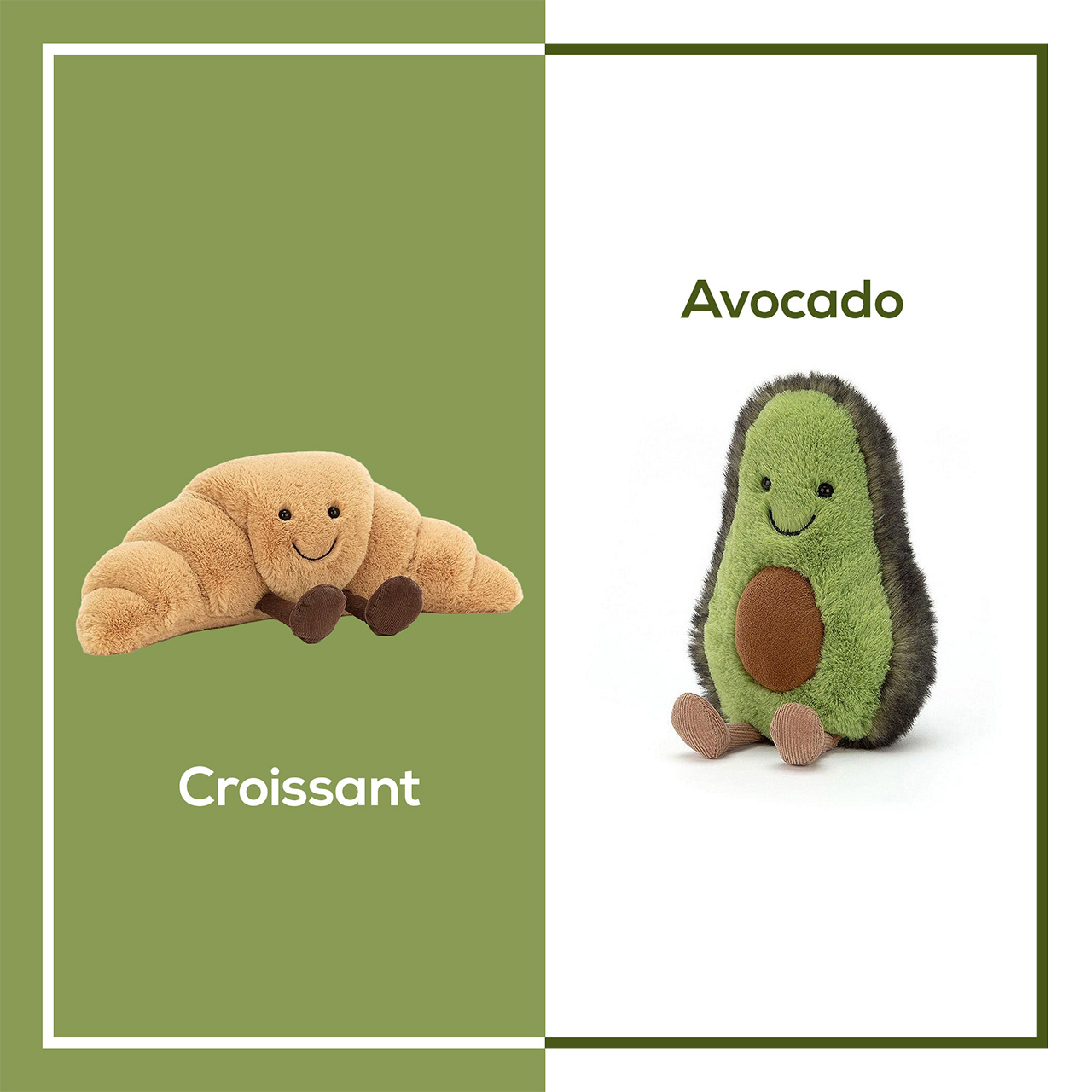 Cute plush toys of a smiling croissant and avocado on a split green and white background.